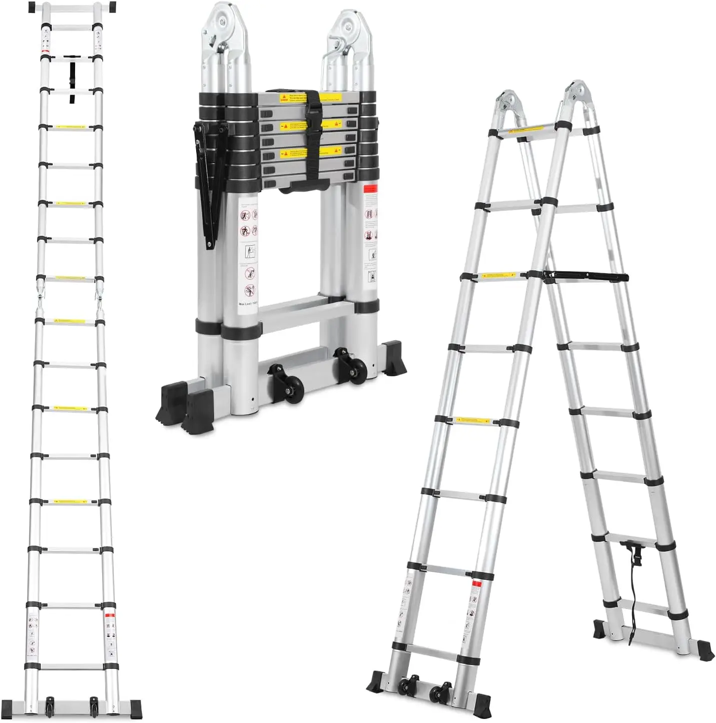 5M (2,5+2,5) Aluminium Teleskopleiter, klappbar, ausziehbar mit Stabilisator, hochwertige Klappleiter und faltbare Leiter