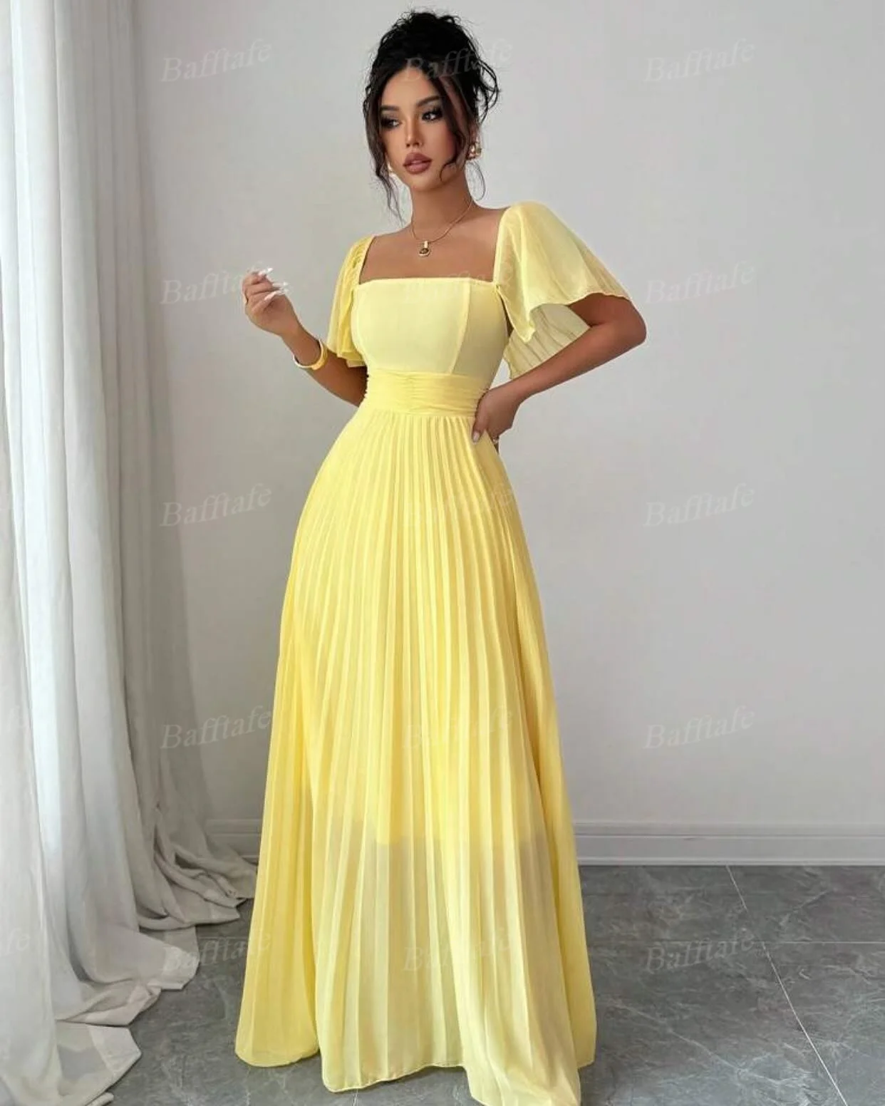 Bafftafe Yellow Crumpled Chiffon Evening Dresses Customized Square Short Cap Sleeves Women's Formal Party Red Carpet Prom Gowns 5