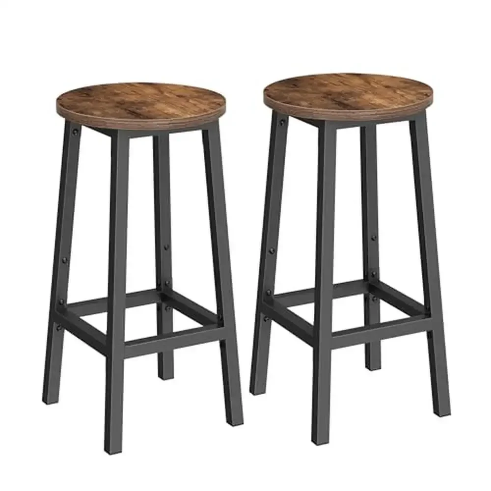 Set of 2 Industrial Bar Stools Steel Frame Round Seat Easy Assembly Rustic Brown Black Design