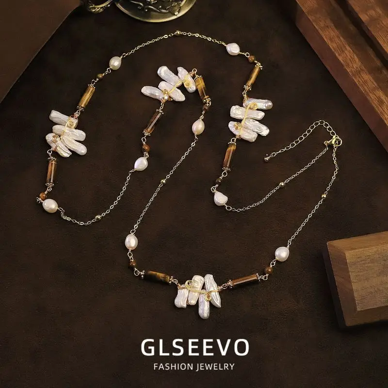 Baroque Pearl Tiger Eye Stone Long Necklace Women, A Unique And Versatile Clavicle Chain