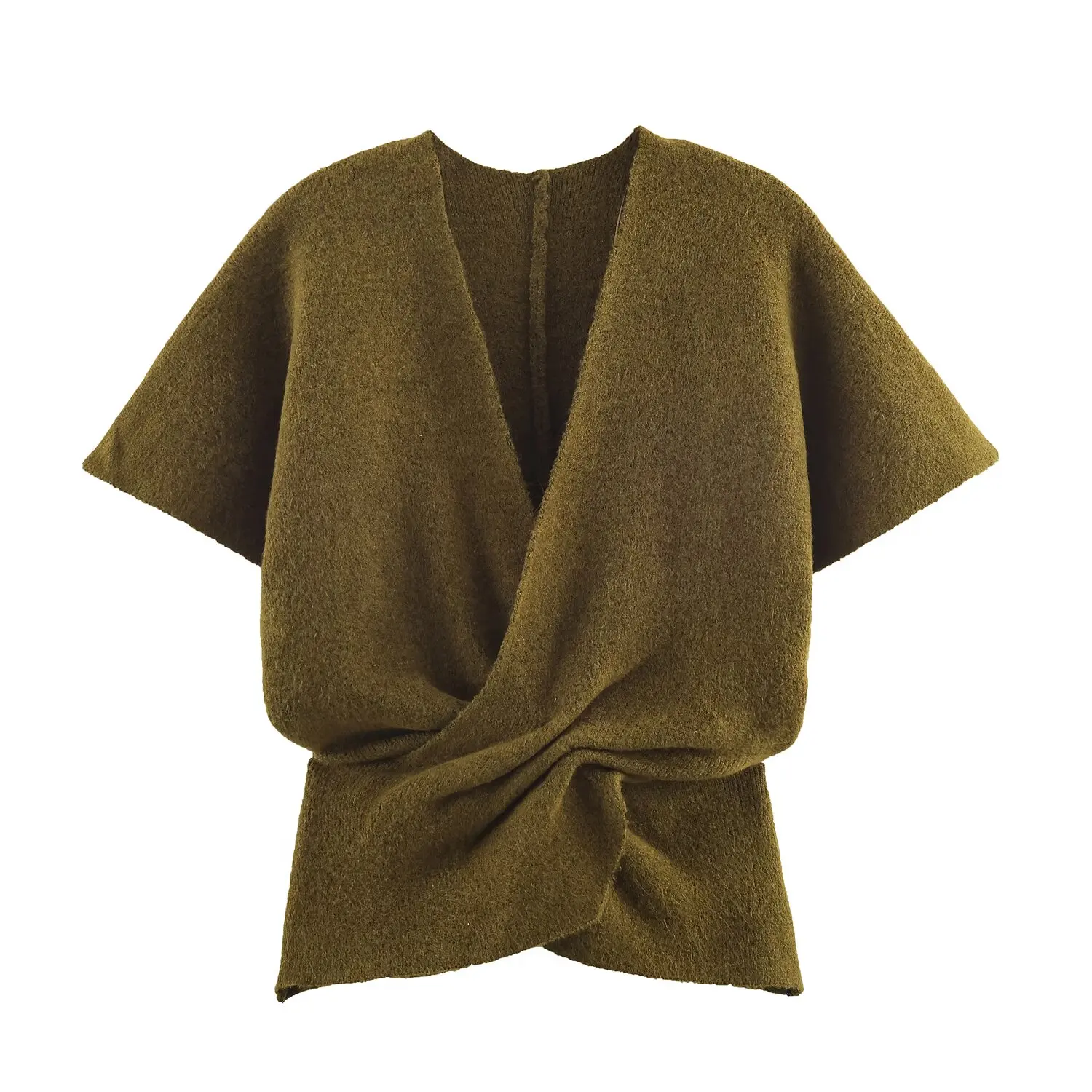 

Women Olive Green Twist-Front V-Neck Short-Sleeve Knit Top Soft Textured Casual Blouse