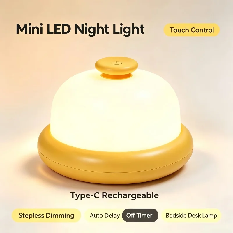 Mini LED Night Light Touch Control Type-C Rechargeable Stepless Dimming Auto Delay Off Girls Bedroom Bedside Gift Lamp