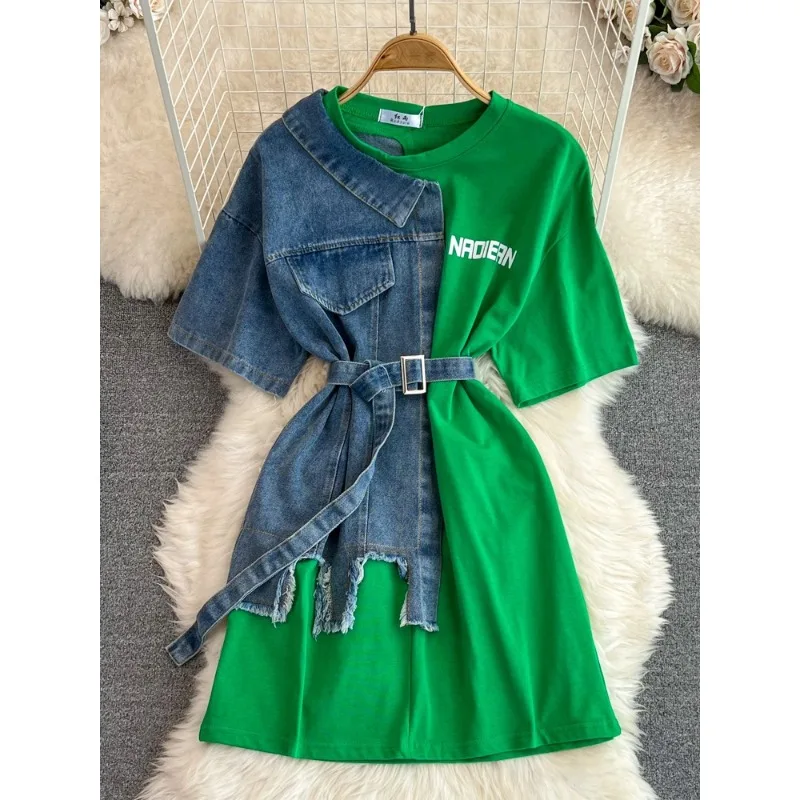 الصيف المرأة الدنيم المرقعة قصيرة الأكمام تي شيرت تيز س الرقبة فضفاضة التباين اللون الجينز تيز مربوط لاعبا القمم #4