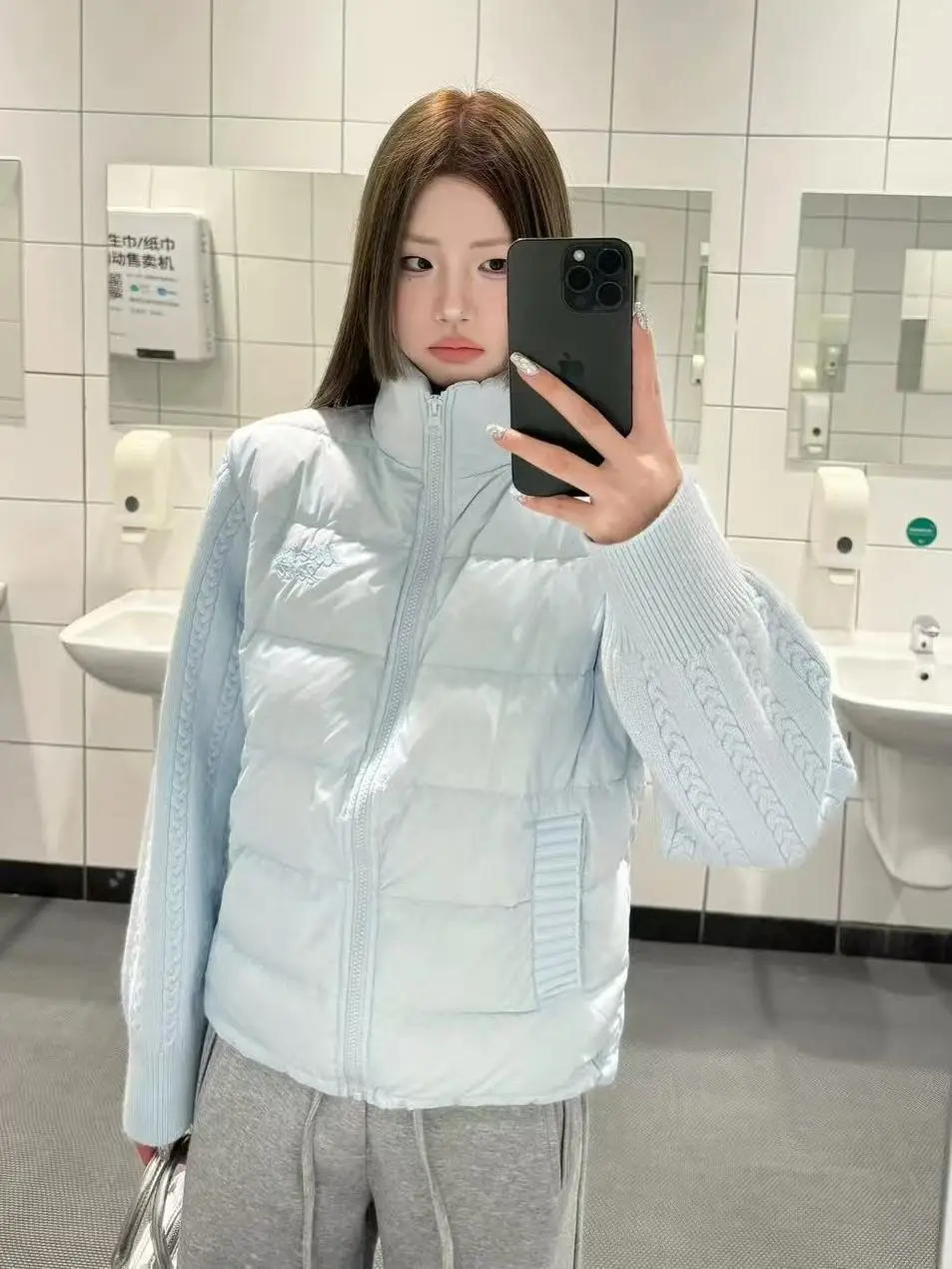 Korean Trendy College Lady Light Blue Puffer Jacket Turtleneck Design with Cable Knit Sleeves Casual Warm Style Winter Outerwear