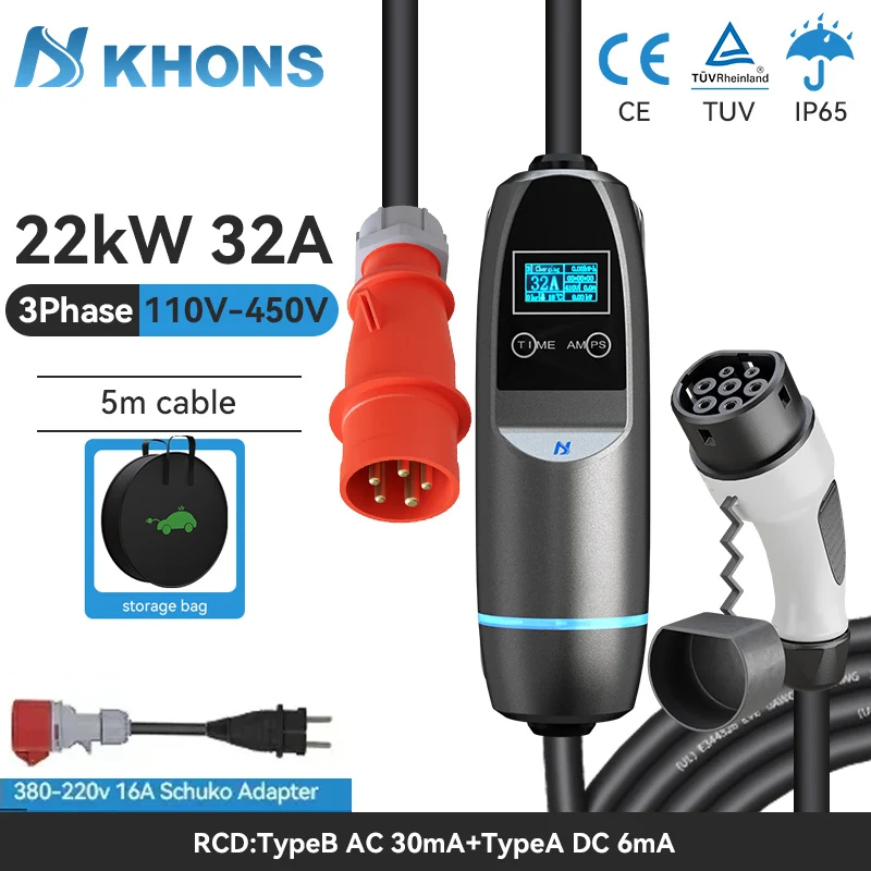 Khons Type2 22kw caricabatteria portatile per auto elettrica 32A 3 fasi EVSE ricarica Red CEE Plug caricabatteria per auto elettrica Wallbox IEC62196