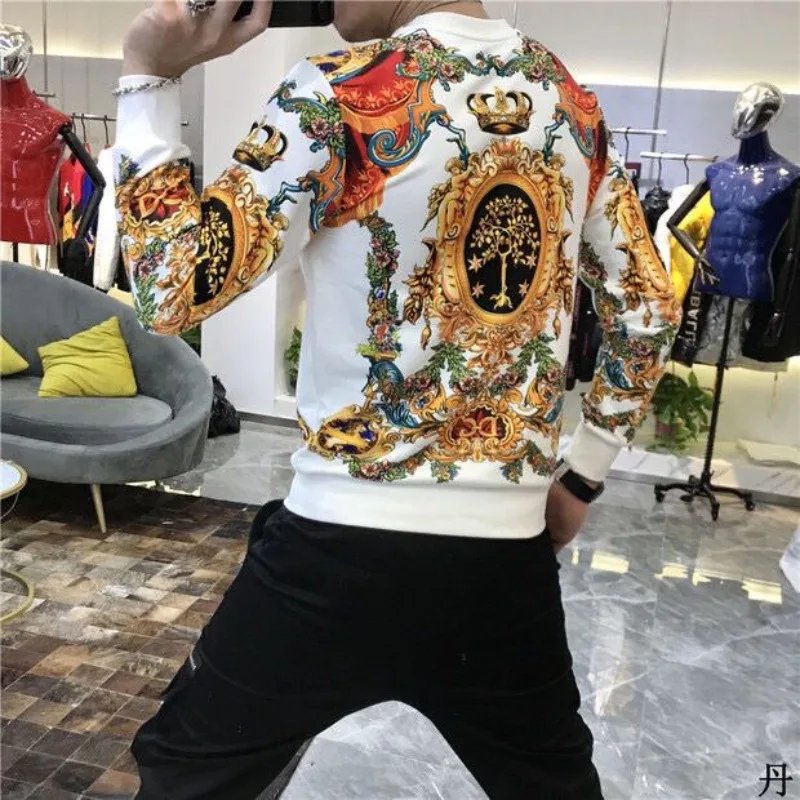Men's Slim-Fit Long-Sleeved Sweatshirt Fleece-Lined Thickened Korean Style Fashion Brand Distinctive Print Pattern