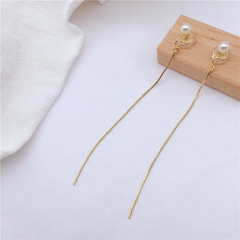 Simple Fashion Gold Color Long Tassel Pearl Clip on Earrings Without Pierced Women\'s Party Birthday Cuff Mosquito Coil Ear Clip