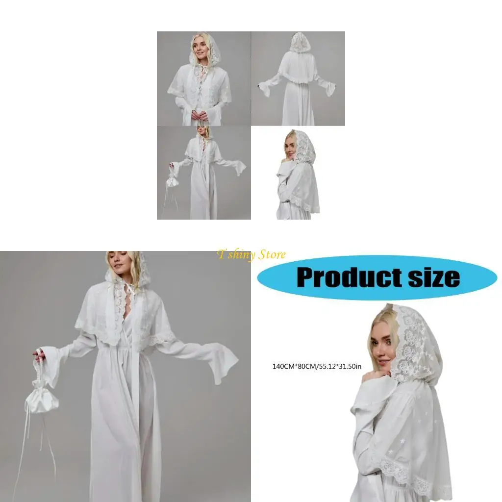 

N58F Embroidery Lace Turban Veils Latin Mass Scarf Head Covering Bridal Shower Head Scarf for Religious Church Event Gathering