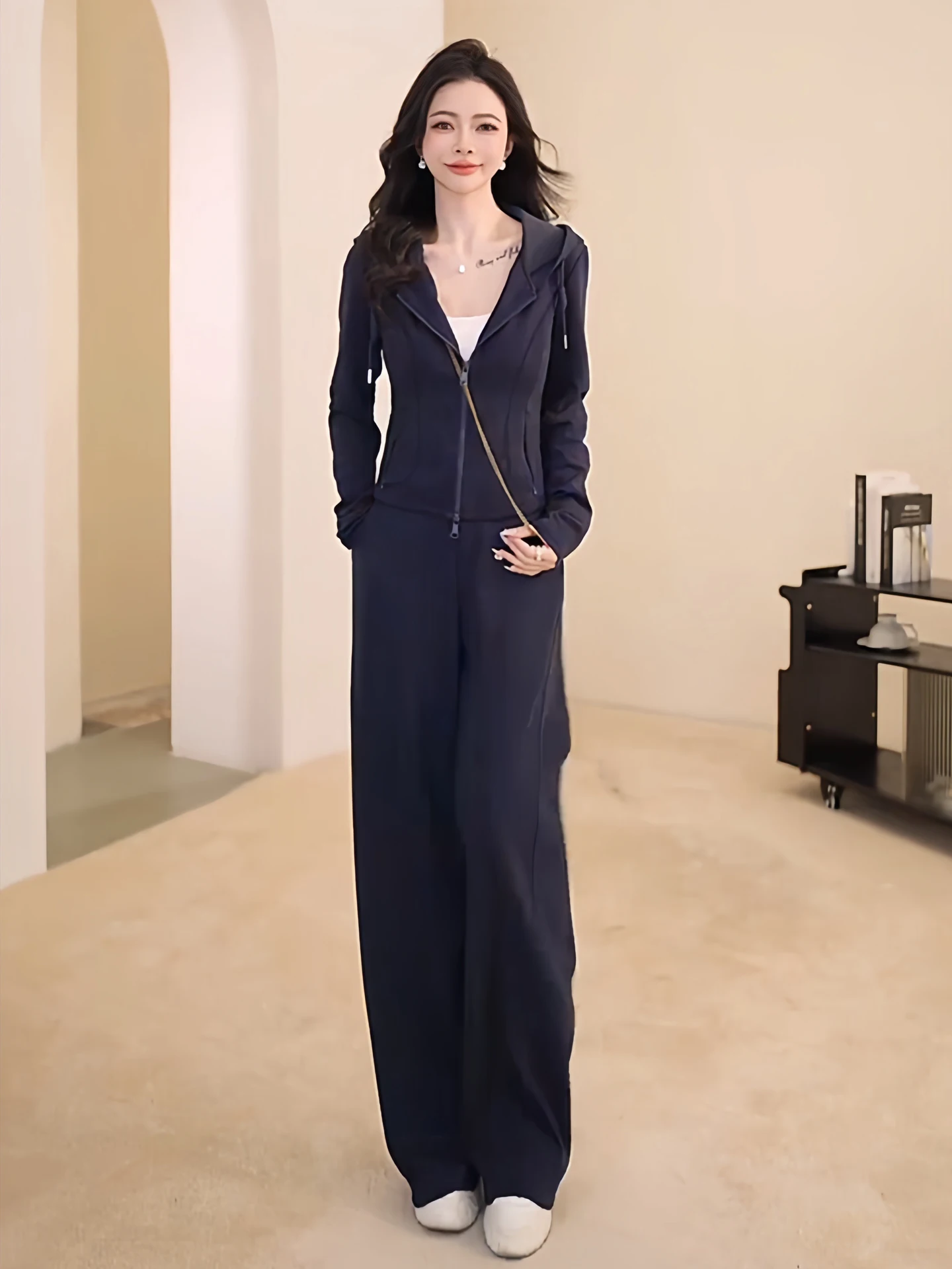 

Ультрамодный повседневный спортивный комплект 2026: женский осенний модный элегантный кардиган с эффектом похудения и брюки с широкими штанинами, комплект из двух предметов