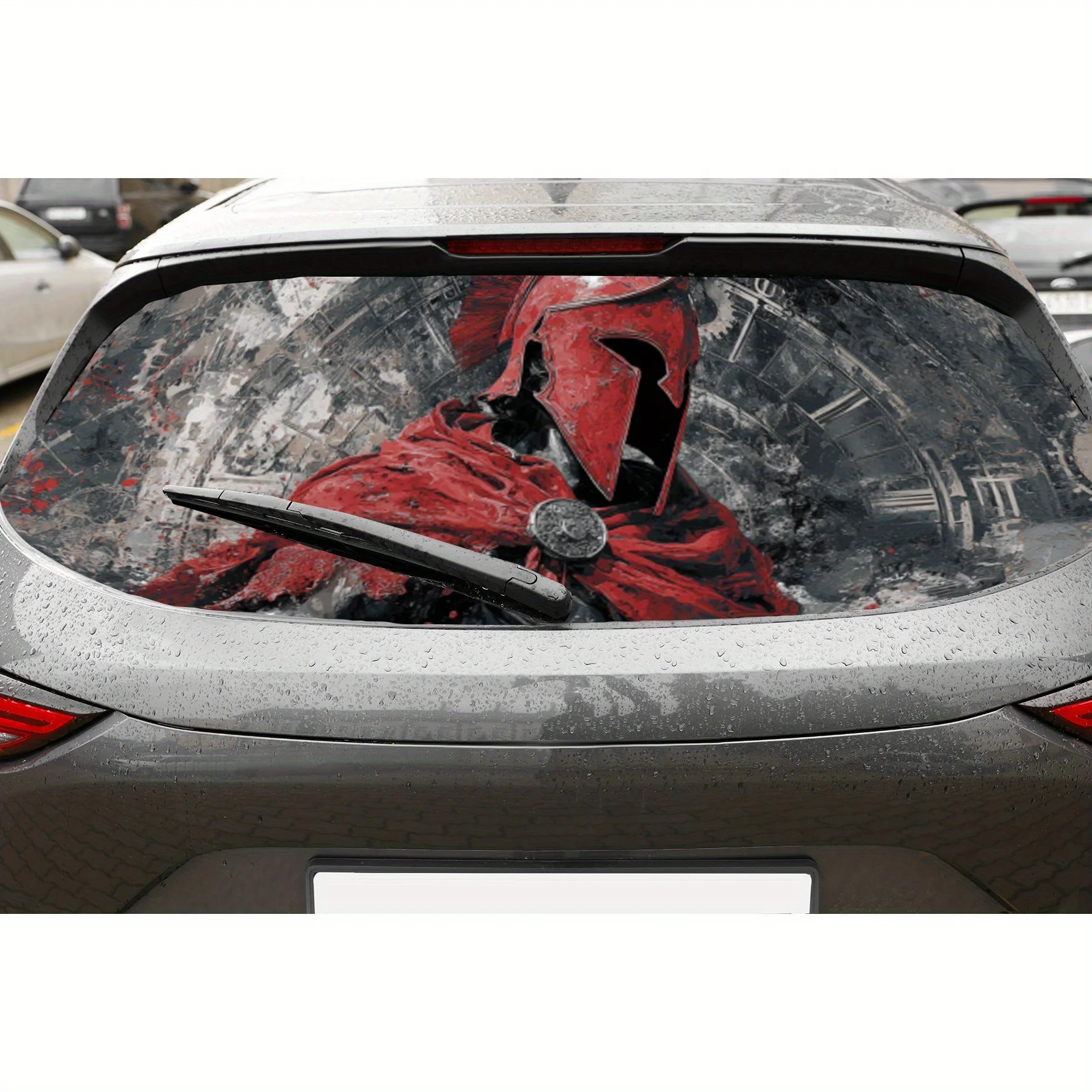 

Red Helmeted Warrior Shadow Print PVC Perforated Car Vinyl Wraps, Durable Car Rear Windshield Sticker, Waterproof Car Rear Windo