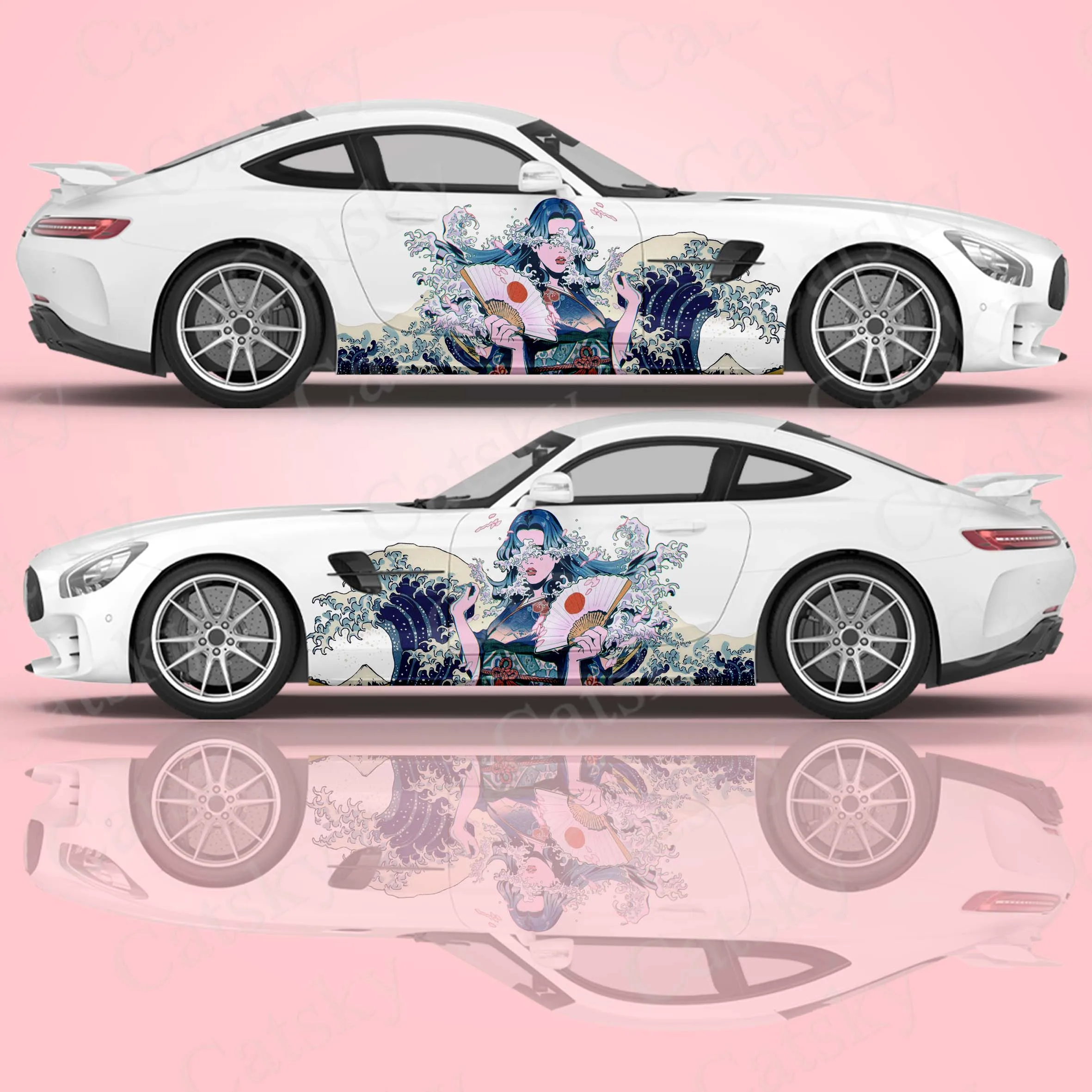 

Sea Wave Art Car Sticker Japanese Girl Side Car Wrap Vehicle Side Graphic Pattern DIY Color Car Wrap Side Decal