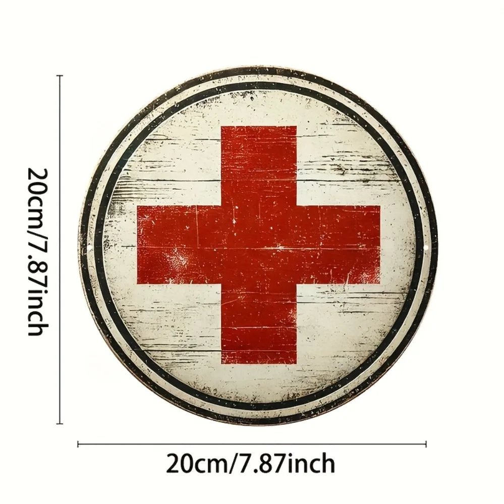 Vintage 8x8 inch Round Aluminum Tin Sign with Retro Medical Red Cross Symbol for Cafe Clinic Hospital Pharmacy Wall Decor