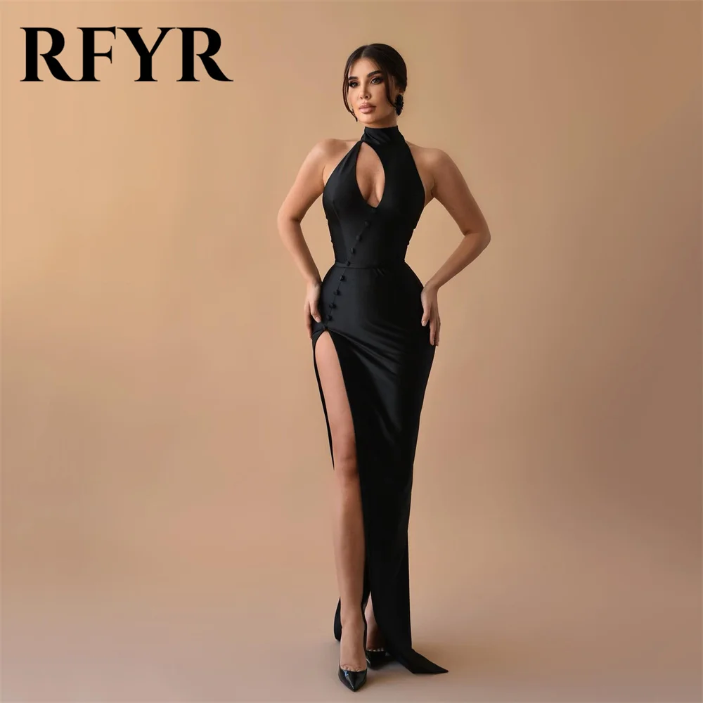 RFYR Sexy Black Prom Dress Long Mermaid Evening Dresses Sexy Halter Neck Satin High Side Slit Party Dresses Gowns Customized