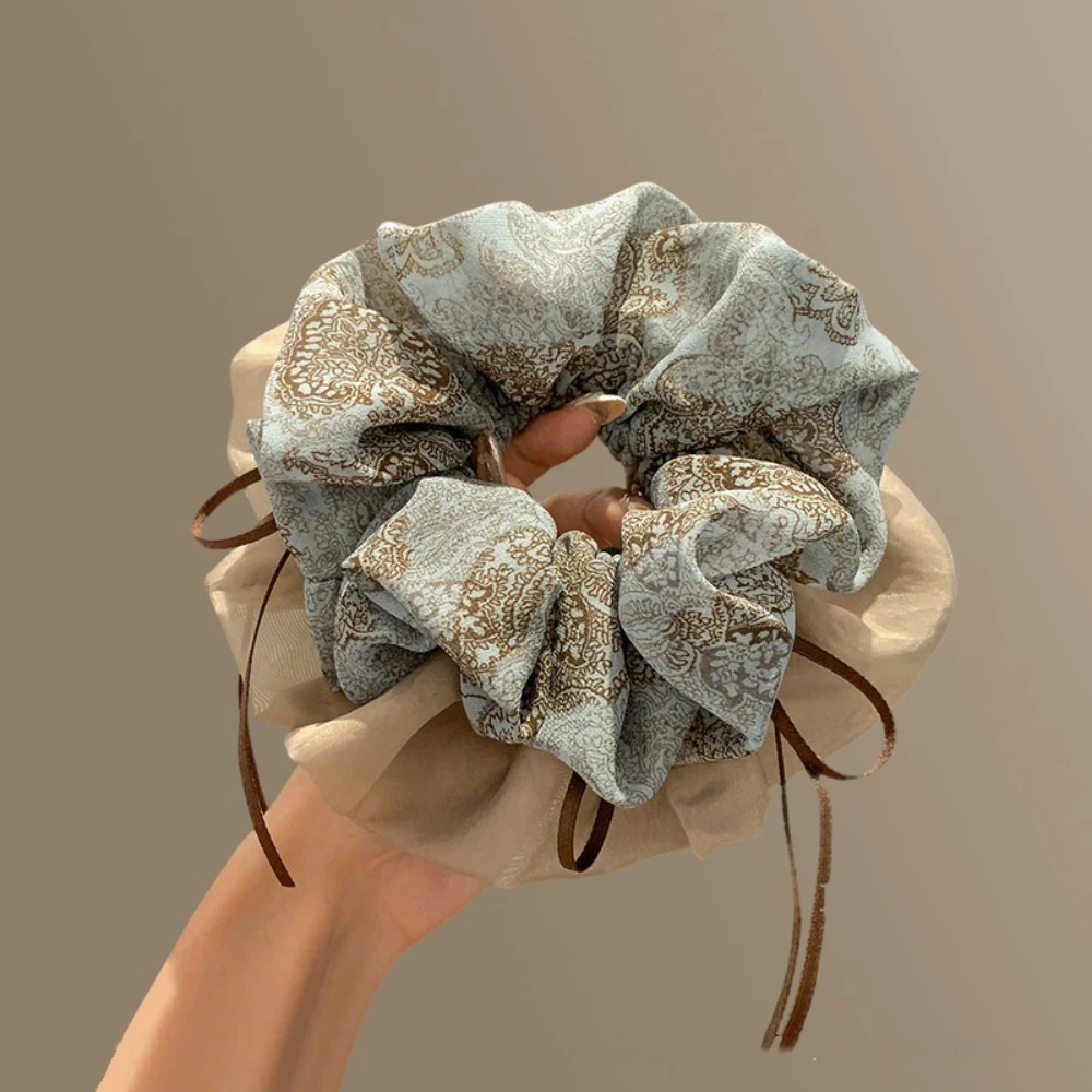 1pc Double-Layer Fabric Scrunchie Light Blue Patterned Beige Textiles Brown Ribbon Vintage Elegant Tones Detail Styles Accessory view 2
