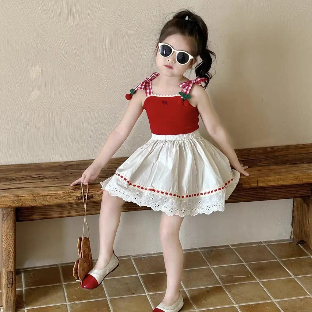 Children\'s Clothing Sets Cherry Knit Halter Top + Skirt 2pcs Sets Toddler Girl Kids Boutique Clothes Infant Designer Clothes