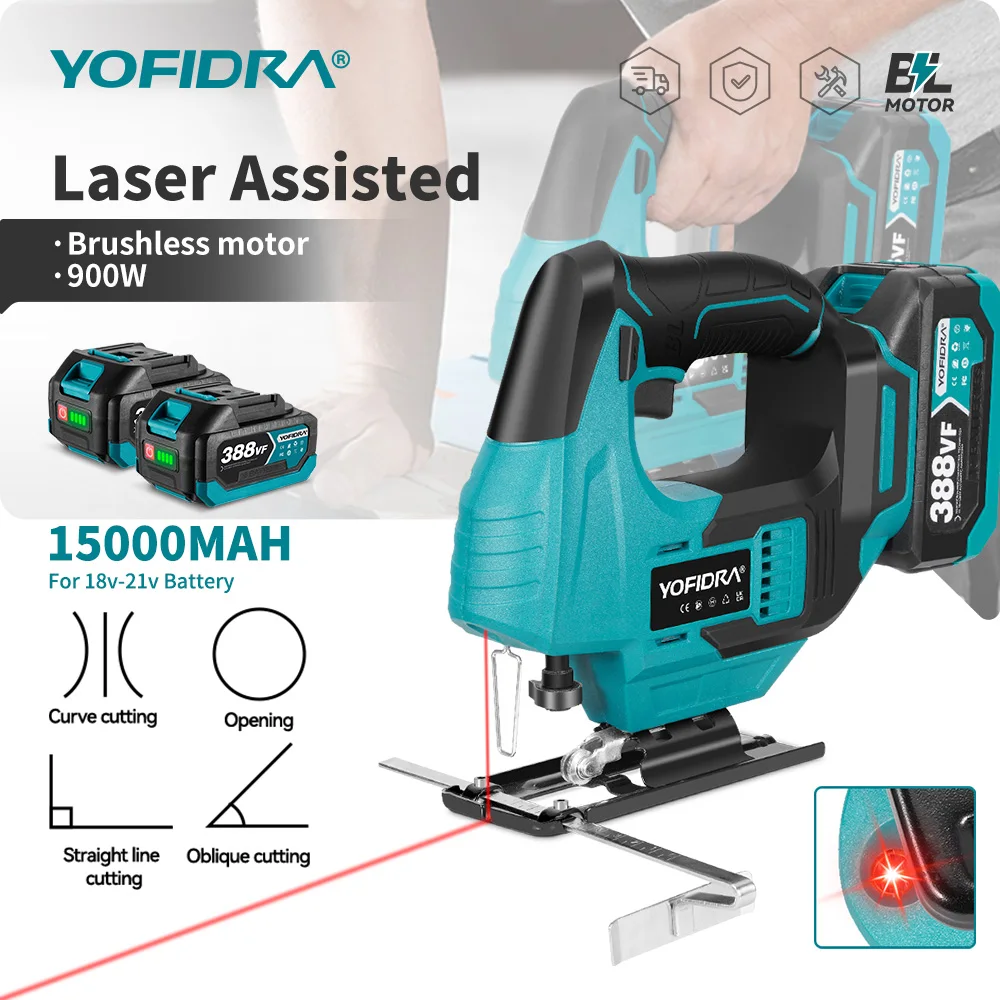 YOFIDRA 3800 U/min Bürstenlose Elektrische Stichsäge mit 12 Sägeblättern, Infrarot-Laser, Kabellose Kurvensäge, Holzbearbeitungswerkzeug für Makita 18V Akku