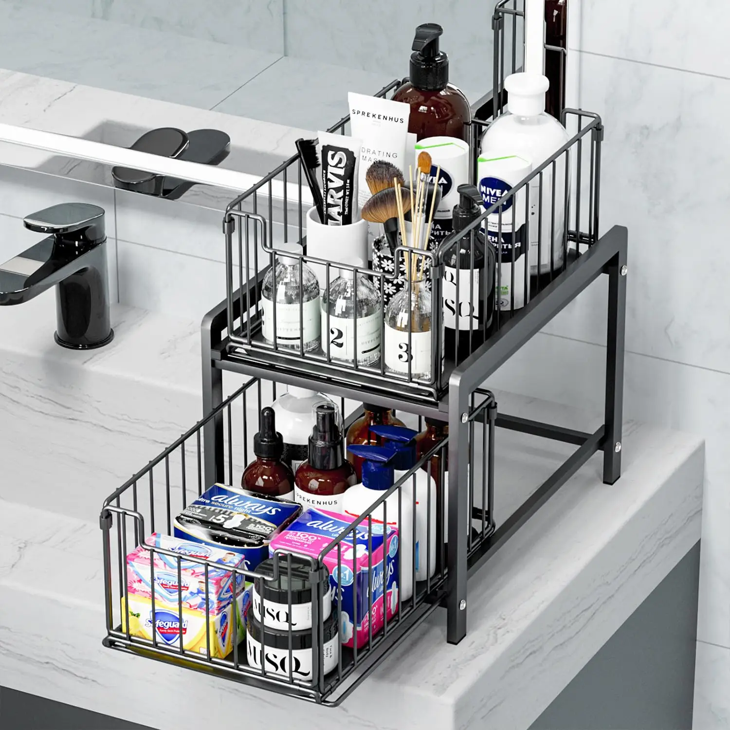 2 Tier Sliding Basket Drawer Organizer,Pull Out Under Sink Cabinets Organizer,Metal Home Organizer Shelf for Bathroom or Kitchen