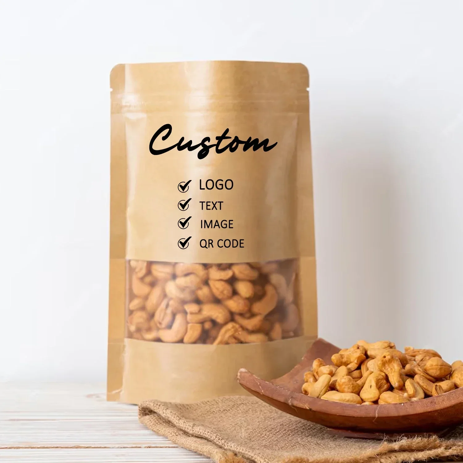 

50pcs Custom Reusable Paper Bags with Window Multi-Purpose Packaging Pouches Resealable Candy Pockets Personalized Kraft Bags