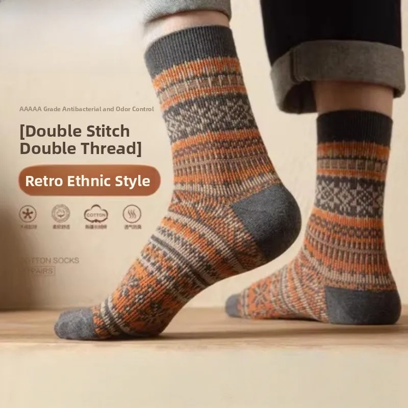 

Мужские утепленные хлопковые носки средней длины с защитой от запаха, впитывающие влагу, в ретро-этническом стиле, с двойной строчкой, модные, для осени