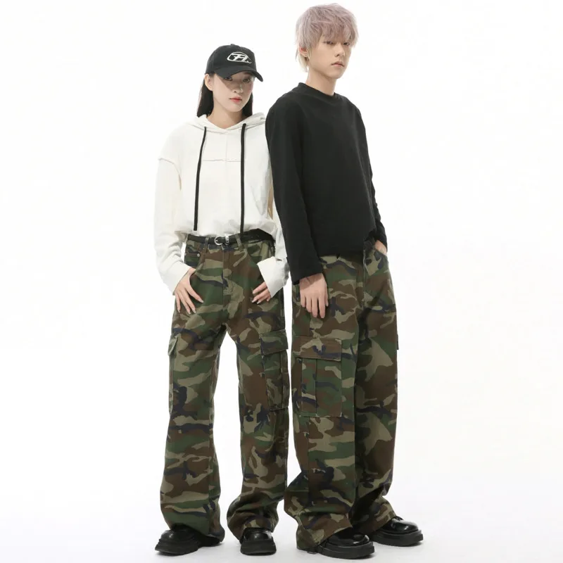 Hip Hop Camouflage Men's Loose Straight Jean Pants High Street Big Pockets Bottom Denim Trousers 2025 Spring