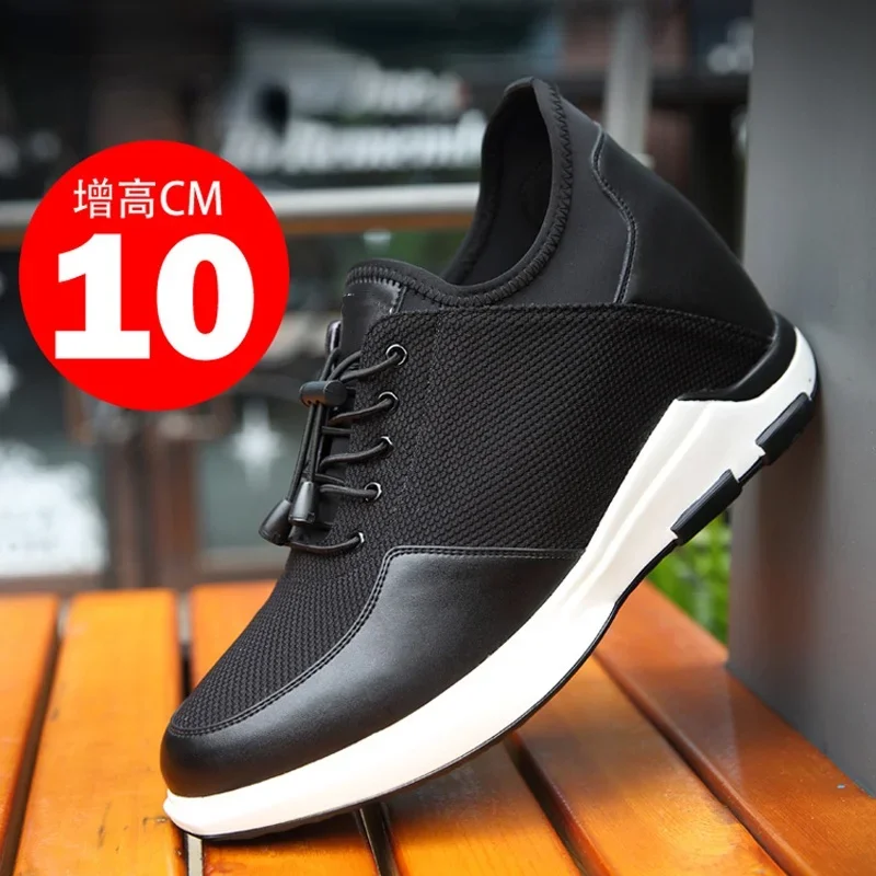 Height-increasing Shoes 10cm Spring and Autumn New  Height-increasing Leather Casual Shoes Mesh Sports Black Elevator Shoes