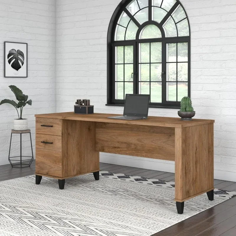 Office Desk with Drawers and Storage in Fresh Walnut | Large Wooden Computer Table for Home Office Workspace