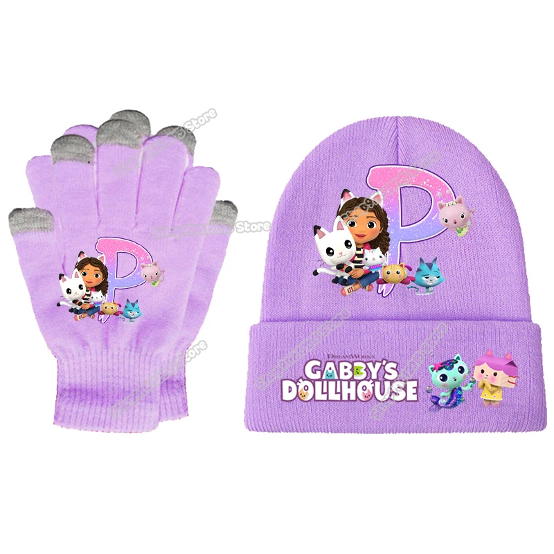 Gabbys-Conjunto de guantes y sombreros para casa de muñecas para niña, gorros de A-Z con letras bonitas, manoplas tejidas cálidas para invierno, guantes de dibujos animados, gorro de punto, 2 uds.