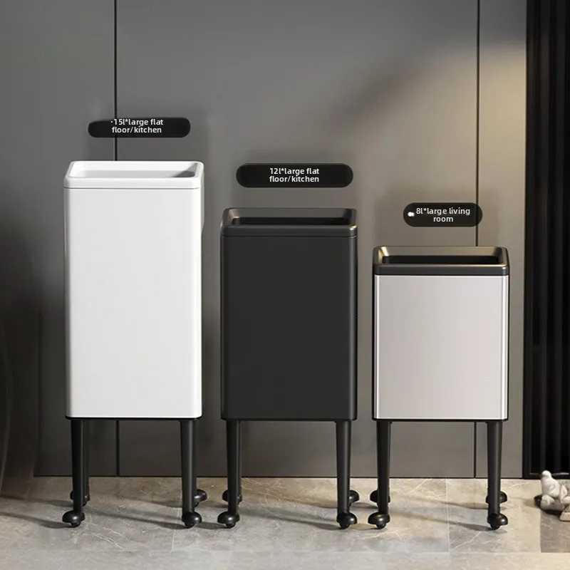 

No Bending Kitchen Trash Can on Wheels Large Capacity Garbage Bin for Living Room Light Luxury Tall Waste Basket 15/12/8 Dustbin