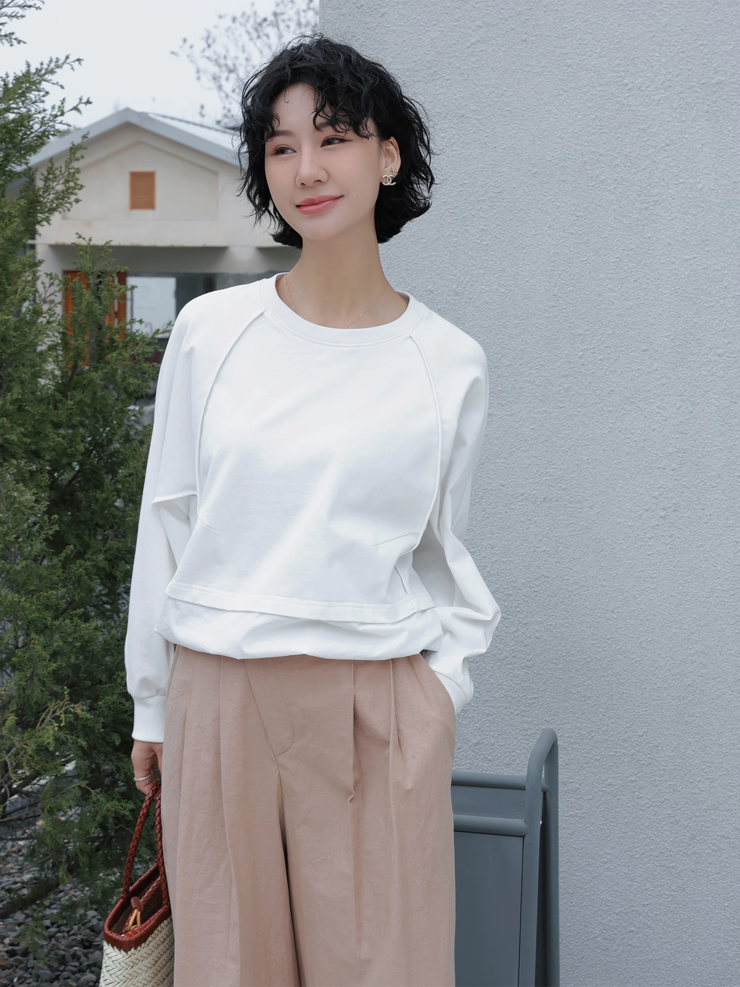 

Женский свободный повседневный свитшот TT White Tea с круглым вырезом, имитация двухслойности, из чистого хлопка, весенняя мода