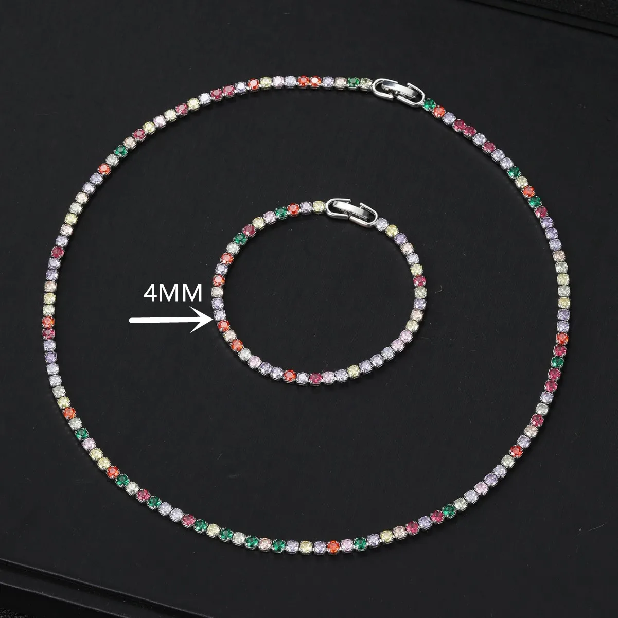 

Lihong 4MM Rainbow Zircon 925 Sterling Silver Tennis Necklace Bracelet Set for Women Girls Engagement Jewelry Gift