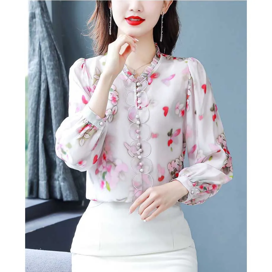 Elegant V-Neck Printed Spliced Ruffles Floral Blouses Women\'s Clothing 2024 Spring New Loose Office Lady Tops All-match Shirts