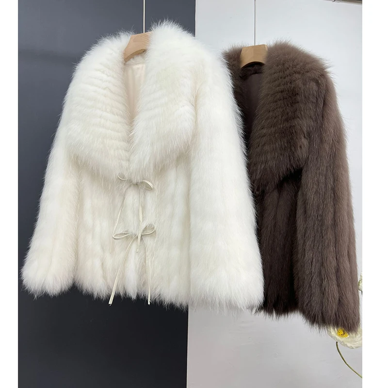 White Real Fur Coat Jacket for Women Fashion Natural Fox Fur Big Turn-down Collar Female Short Lace-up Real Fox Fur Jacket Coat