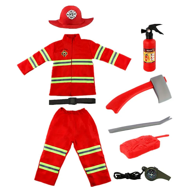 With Realistic Firefighting Toy Uniform Child Red Firefighter Zipper Costume Kids Play House Fun Party Play Costume