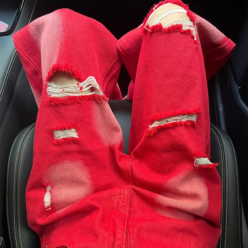 Zomer rode tie-dye gat denim broek dames 2025, nieuwe losse rechte jeans, high street vrouwelijke casual wijde pijpen broek