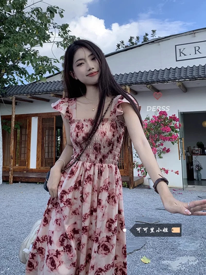 

Fashionable Dress Women's Summer 2024 New French Rose Print Waist Wrapping Slim Mid length A-line Dresses female clothing