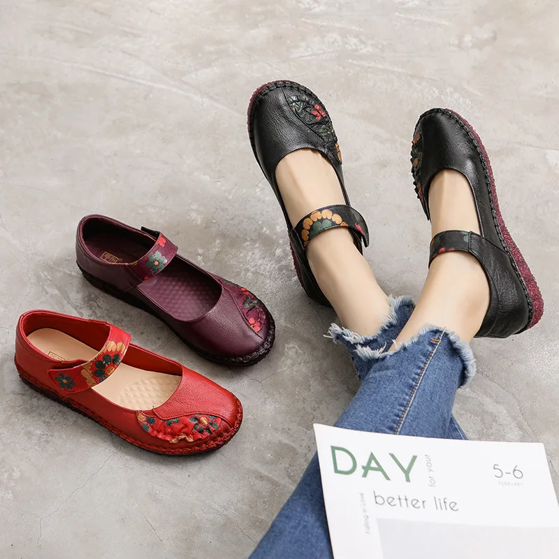 Koznoy 3cm Retro Ethnic Summer Autummn Round Toe Genuine Leather Print Womenbig Size Soft Flats Loafers Shallow Hook Hollow Shoe