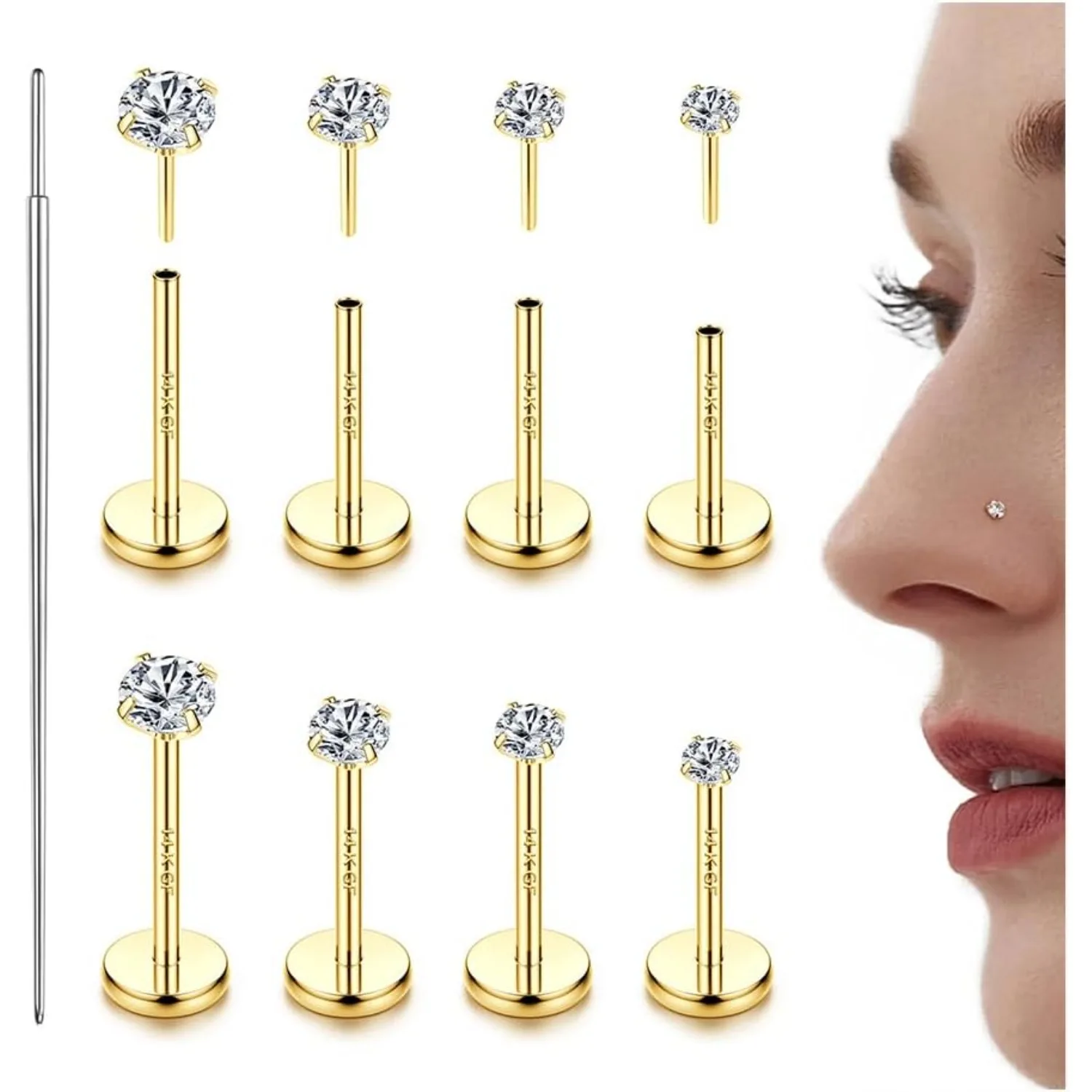 Drperfect 14K vergoldete Nasenstecker CZ Nasenring-Set für Damen und Herren 316L Chirurgenstahl Ohrstecker Lippenring Ohrringe Piercing-Schmuck