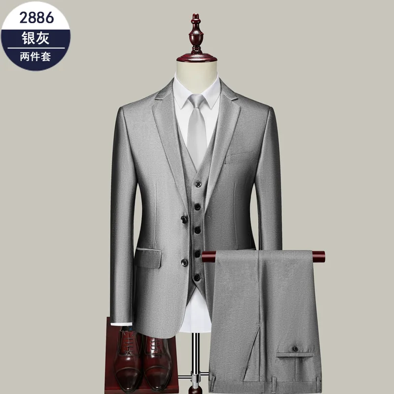 

Silver-gray shiny suit for men Korean style slim three-piece suit for groomsmen wedding dress F95659