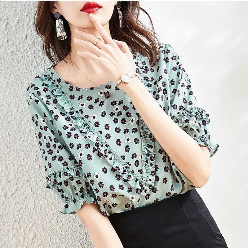 Office Lady Fashion Round Neck Blouse Summer Floral Printed Korean Edible Tree Fungus Spliced Loose Female Clothing Casual Shirt