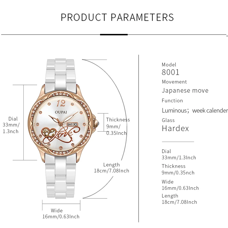 OUPAI-Reloj de esfera redonda para mujer, accesorio de cerámica con diamantes de imitación, exquisito, luminoso, resistente al agua, calendario semanal, a la moda y elegante