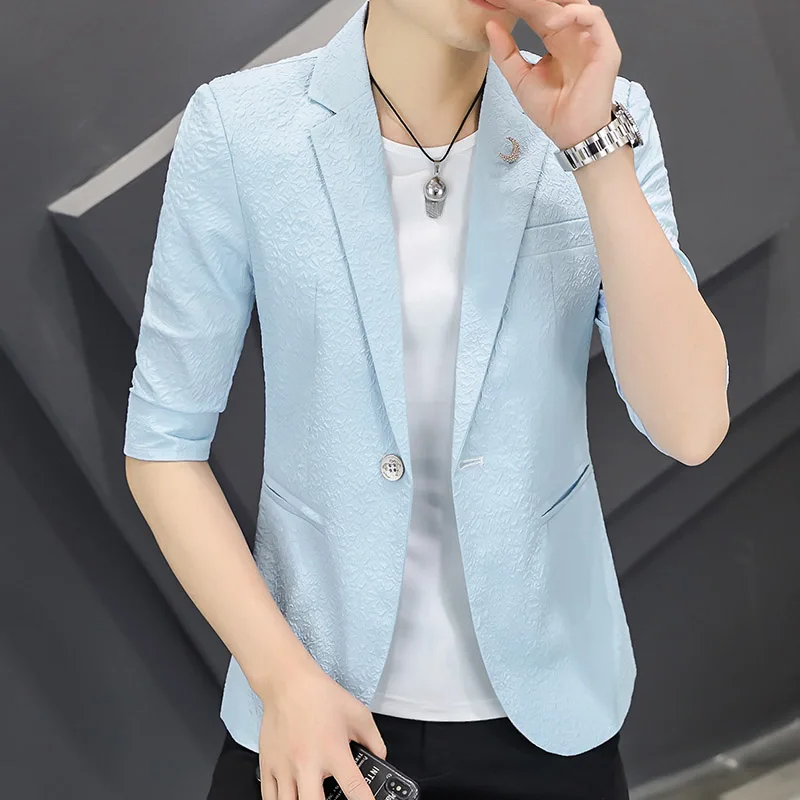 

Slim Fit Summer Thin Ice Silk Cotton Linen Men's Suit Jaet Trendy f Sve Summer Outerwear Sli ort Sve Small W...