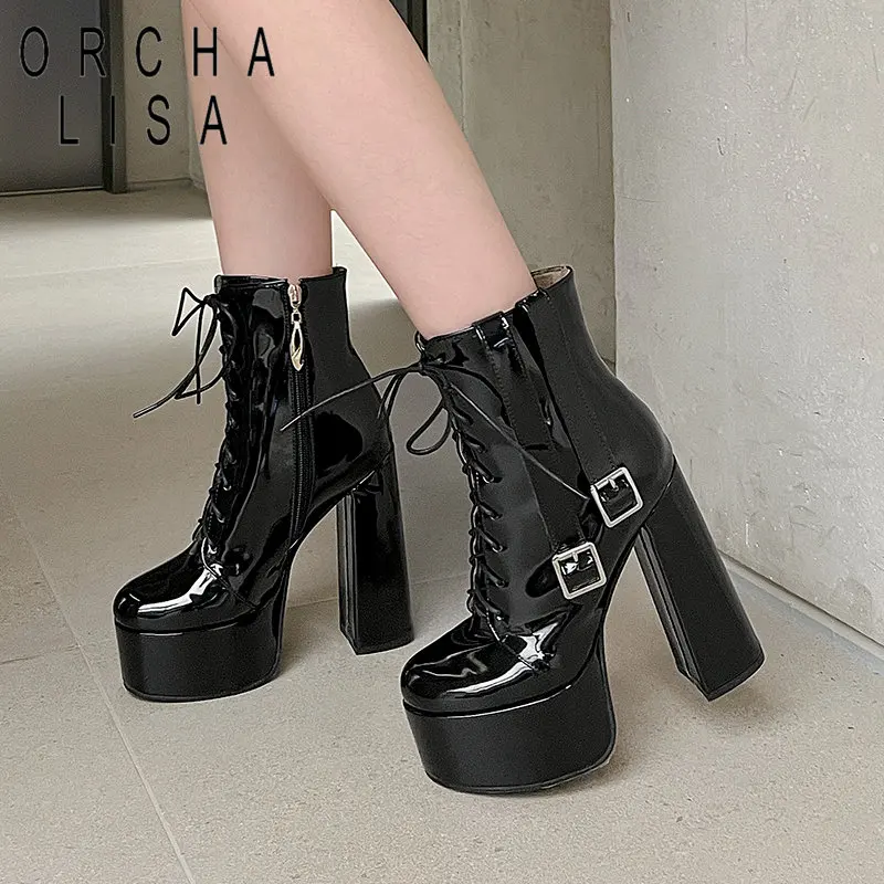 

ORCHA LISA Ankle Boots Round Toe Block High Heel 14.5cm Platform Hill 4.5cm Zipper Lace Up Plus Size 43 Mature Party Booty