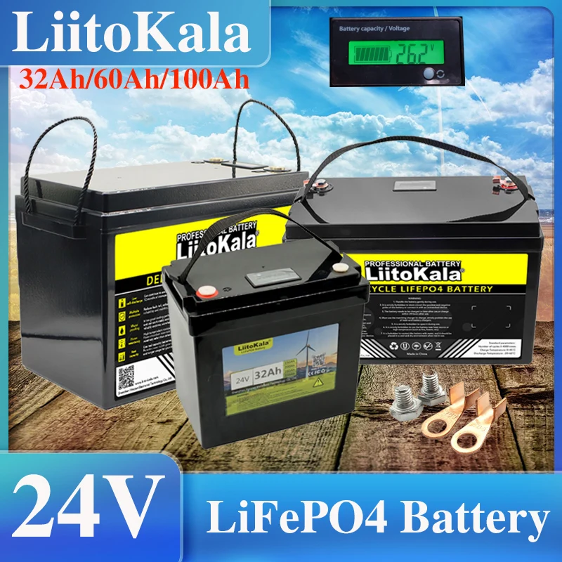 LiitoKala 24V 100Ah 60Ah 32ah LiFePO4 Battery Lithium Iron Phosphate for boat inverter Car lighter Batteries 29.2V duty-free