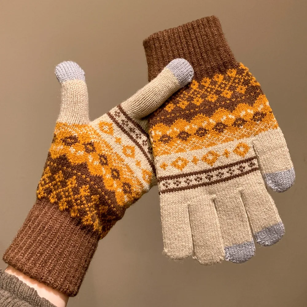 

Skiing Fair Island Style Winter Knitted Gloves Red Thick Printed Wool Gloves Waterproof Warm Women Cycling Mittens Girls