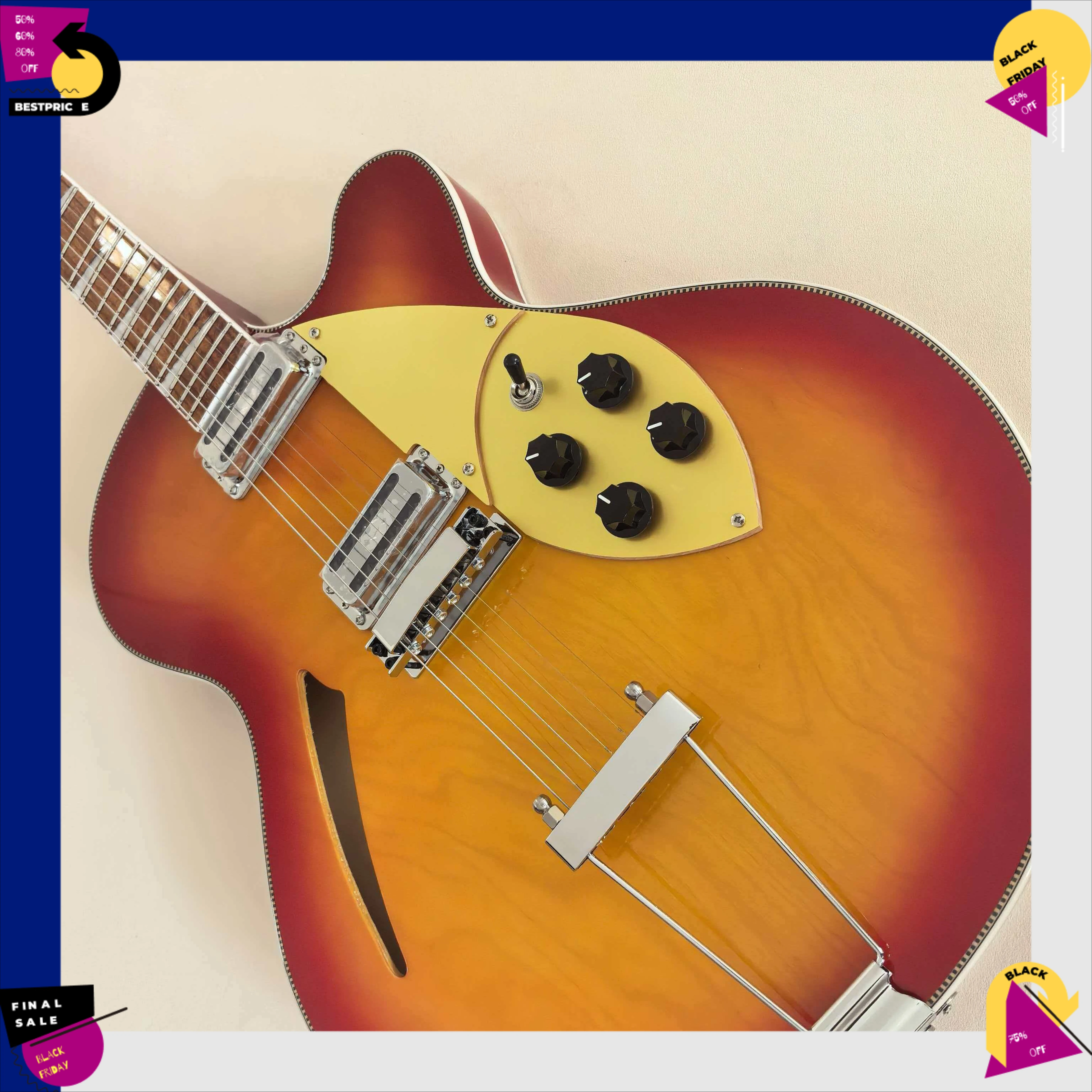 Elektrogitarre Semi-Hollow Jazz Elektrisch Rot-Orange Sunburst Gold Alien Dreieckiges Schlagbrett Trapezförmiger Cantilever-Saitenhalter