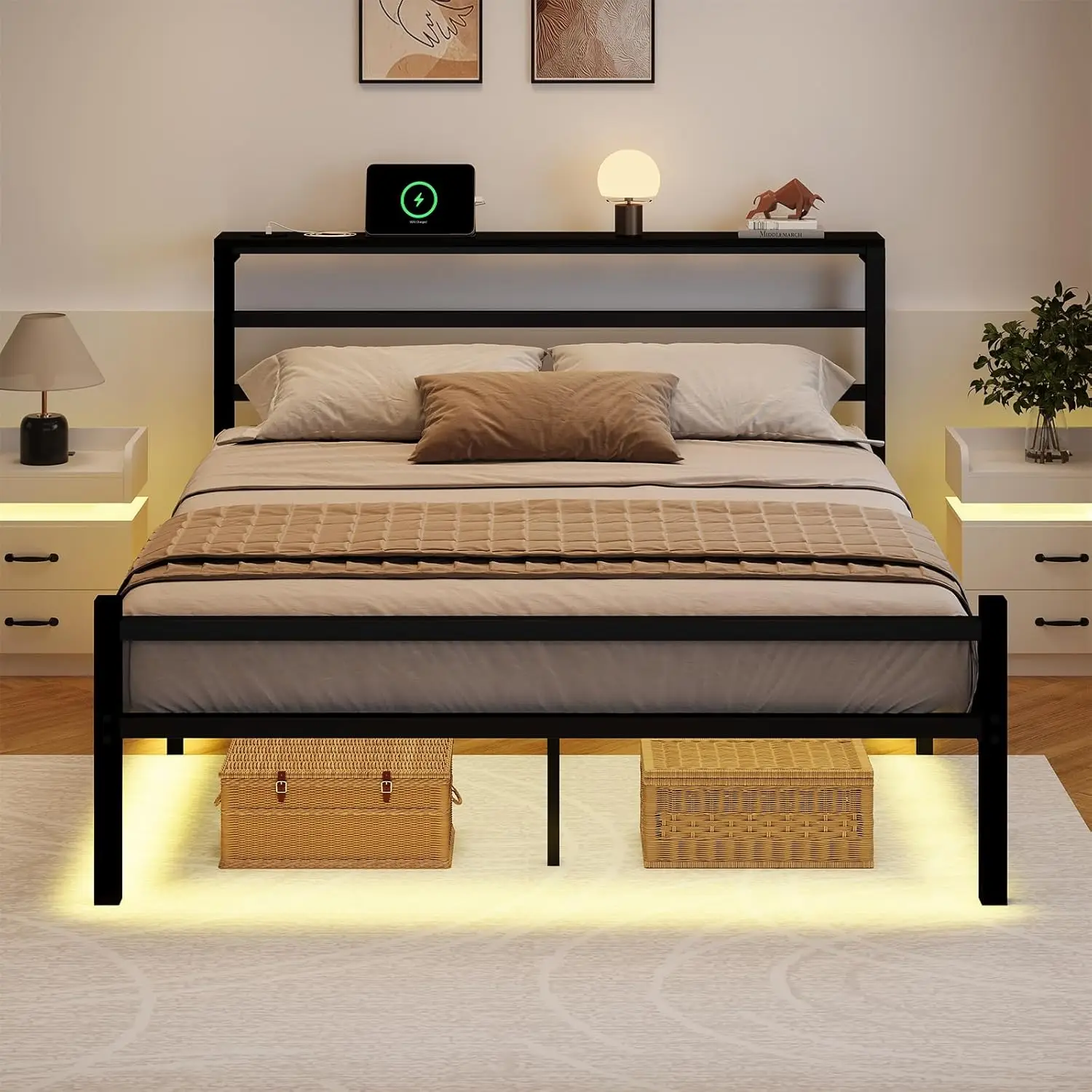 

Каркас кровати со светодиодной подсветкой, металлический каркас кровати с зарядной станцией, полка для хранения у изголовья, усиленная конструкция, возможность индивидуальной настройки