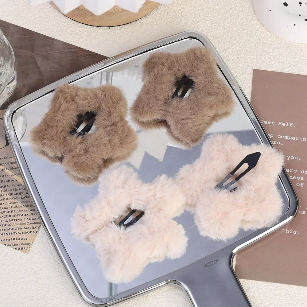 4pcs Winter Plush Y2K Star BB Hair Clip for Women Hairpins Cute Fluffy Side Bangs Clip Korean Fashion Headdress Hair Accessories