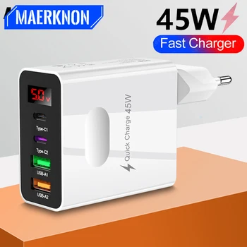 45W USB C şarj LED dijital ekran duvar şarj adaptörü iPhone 14 Samsung Xiaomi hızlı şarj 3.0 cep telefonu şarj