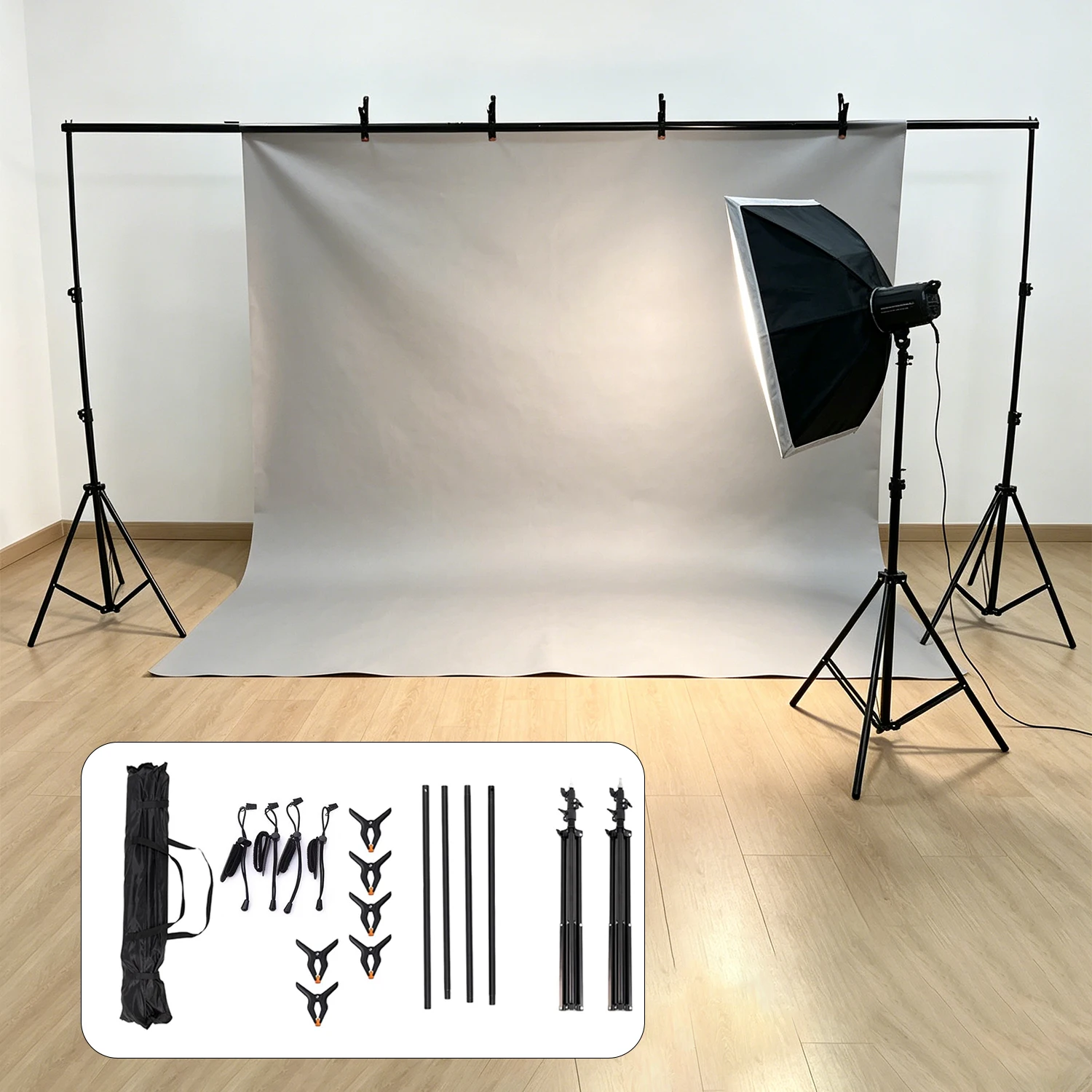 Supporto regolabile per fondali fotografici, dimensioni 2 m x 3 m, con 2 treppiedi, 4 sezioni di barra trasversale, 6 morsetti, 4 sacchi di sabbia, borsa per il trasporto, robusto e portatile, ideale