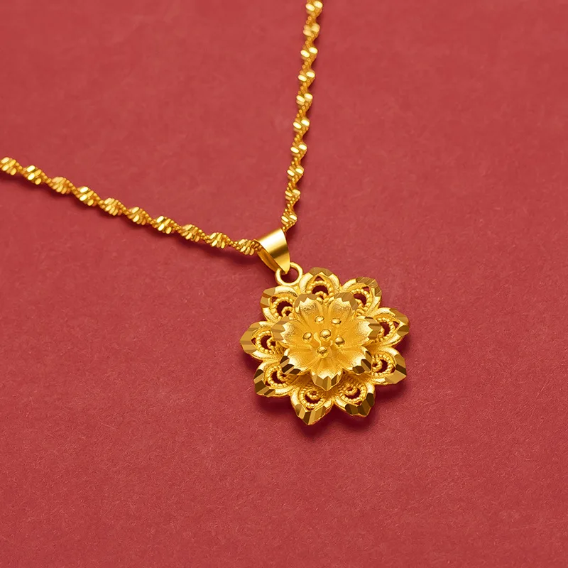 Solid 18k Yellow Gold Color Hollow Sun Flower Necklace for Women Bride Charm Fine Jewelry Link Chain Wedding Party Gift Not Fade